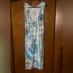 HAYSTACKS Sleeveless Abstract Print MIDI Dress in Teal & White one size summer!